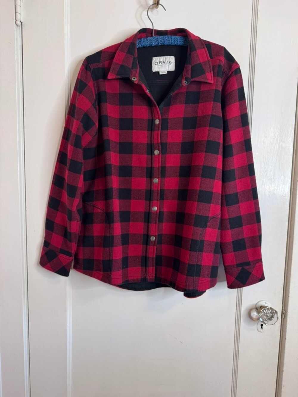 Orvis Shirt Jacket Fleece Lined Red & Black Plaid Snap Front Pockets sz XL